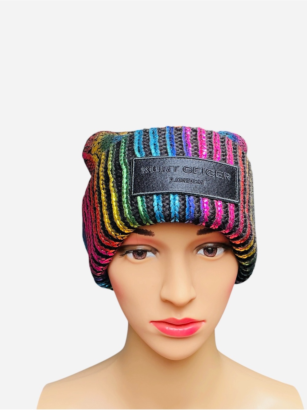 Kurt Geiger Rainbow Striped Knit Beanie Unisex Winter Hat